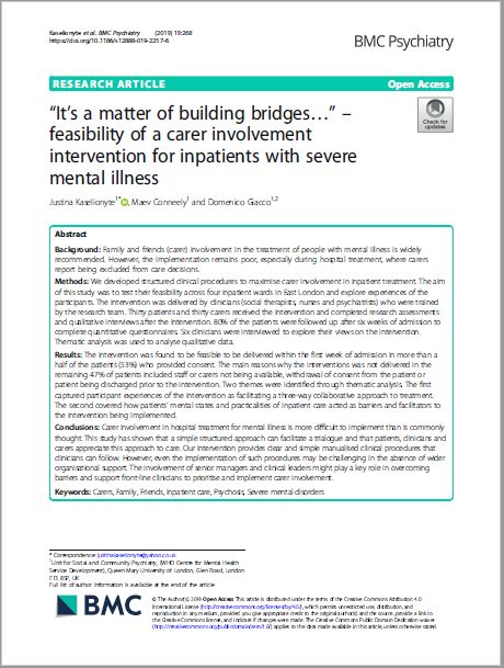 “It’s a matter of building bridges…” – Carer involvement for inpatients with severe mental illness