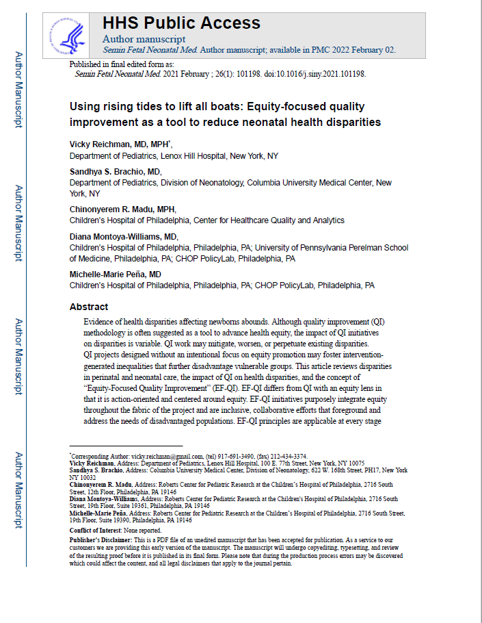 Using rising tides to lift all boats Equity-focused quality improvement as a tool to reduce neonatal health disparities
